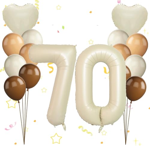 Dalettu Luftballon 70. Geburtstag Frauen Deko, Ballons Cremeweiß Zahl 70 Luftballon, Happy Birthday Ballons Aprikose Braun Nummer 70 Herz Folienballon für Männer Frauen 70. Geburtstag Party Deko von Dalettu