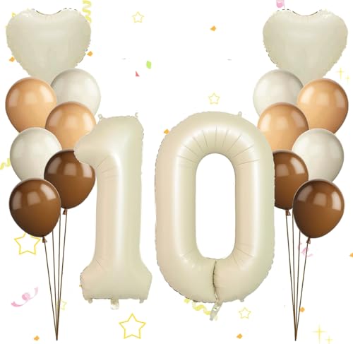 Dalettu Luftballon 10. Geburtstag Mädchen Deko, Ballons Cremeweiß Zahl 10 Luftballon, Happy Birthday Ballons Aprikose Braun Nummer 10 Herz Folienballon für Mädchen Kinder 10. Geburtstag Party Deko von Dalettu