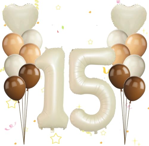 Dalettu Luftballon 15. Geburtstag Mädchen Deko, Ballons Cremeweiß Zahl 15 Luftballon, Happy Birthday Ballons Aprikose Braun Nummer 15 Herz Folienballon für Mädchen Kinder 15. Geburtstag Party Deko Dalettu Luftballon 15. Geburtstag Mädchen Deko, Ballons Cremeweiß Zahl 15 Luftballon, Happy Birthday Ballons Aprikose Braun Nummer 15 Herz Folienballon für Mädchen Kinder 15. Geburtstag Party Deko von Dalettu