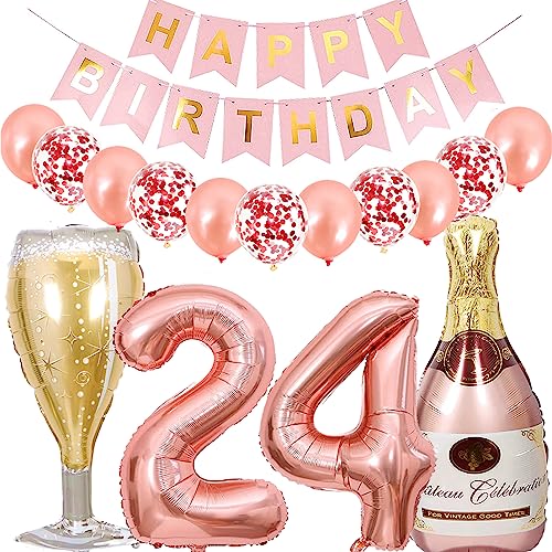 Dalettu Luftballon 24. Geburtstag Deko Frau, Folienballon Weinflasche Sektflasche Rose Gold Helium Ballon Deko, Geburtstagsdeko 24 Jahre Frauen, Happy Birthday Banner für 24 Jahr Geburtstag Party Deko von Dalettu