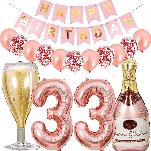 Dalettu Luftballon 33. Geburtstag Deko Frau, Folienballon Weinflasche Sektflasche Rose Gold Helium Ballon Deko, Geburtstagsdeko 33 Jahre Frauen, Happy Birthday Banner für 33 Jahr Geburtstag Party Deko von Dalettu