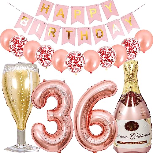 Dalettu Luftballon 36. Geburtstag Deko Frau, Folienballon Weinflasche Sektflasche Rose Gold Helium Ballon Deko, Geburtstagsdeko 36 Jahre Frauen, Happy Birthday Banner für 36 Jahr Geburtstag Party Deko von Dalettu