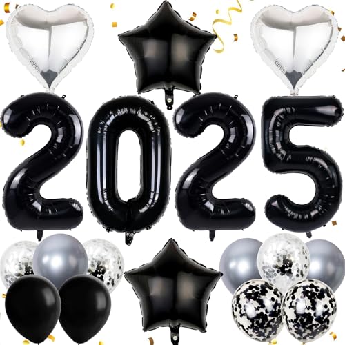 Dalettu Silvester Deko 2025 Dekoration Set, Luftballons 2025 Neujahr Deko 2025 Schwarz Silber, Neujahr Deko Ballon 2025, Folienballon 2025 Zahlenballon für Jahreswechsel Neujahr Silvester Party Deko von Dalettu