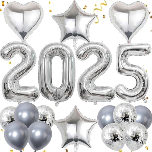 Dalettu Silvester Deko 2025 Dekoration Set, Luftballons 2025 Neujahr Deko 2025 Silber, Neujahr Deko Ballon 2025, Riesen Folienballon 2025 Zahlenballon für Jahreswechsel Neujahr Silvester Party Deko von Dalettu