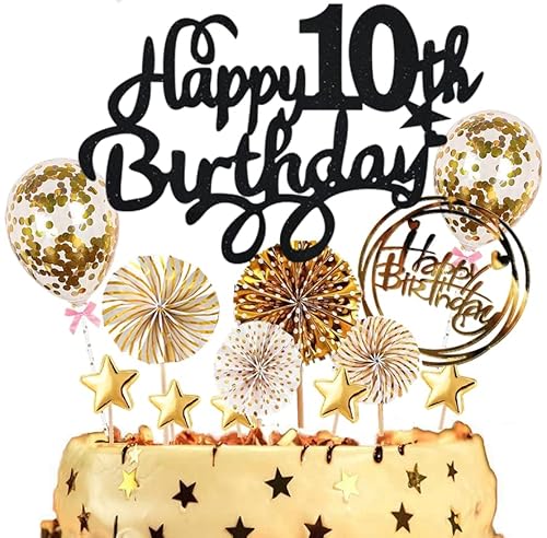 Dalettu Tortendeko 10. Geburtstag Jungen Mädchen, Kuchen Topper Happy 10th Birthday Schwarz, Kuchen Dekoration mit Luftballons Konfetti und Papierfächer für 10. Geburtstag Jungen Party Dekoration Dalettu Tortendeko 10. Geburtstag Jungen Mädchen, Kuchen Topper Happy 10th Birthday Schwarz, Kuchen Dekoration mit Luftballons Konfetti und Papierfächer für 10. Geburtstag Jungen Party Dekoration von Dalettu
