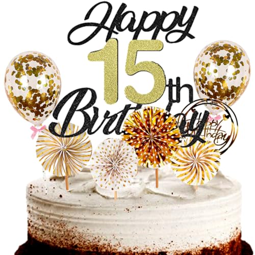 Dalettu Tortendeko 15. Geburtstag Mädchen Junge, Schwarz Cake Topper Deko 15 Geburtstag Mädchen, Cake Topper Happy Birthday Ballon Konfetti und Papierfächer für Geburtstagstorte Deko 15 Jahre Kinder Dalettu Tortendeko 15. Geburtstag Mädchen Junge, Schwarz Cake Topper Deko 15 Geburtstag Mädchen, Cake Topper Happy Birthday Ballon Konfetti und Papierfächer für Geburtstagstorte Deko 15 Jahre Kinder von Dalettu