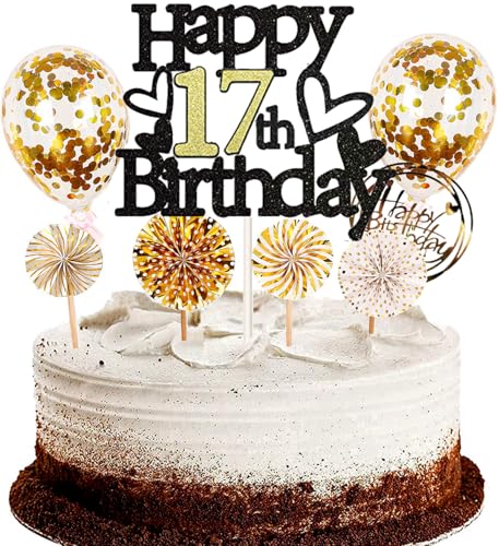 Dalettu Tortendeko 17. Geburtstag Mädchen Junge, Schwarz Cake Topper Deko 17 Geburtstag Mädchen, Kuchen Topper Happy Birthday Ballon Konfetti Papierfächer für Geburtstagstorte Deko 17 Jahre Kinder Dalettu Tortendeko 17. Geburtstag Mädchen Junge, Schwarz Cake Topper Deko 17 Geburtstag Mädchen, Kuchen Topper Happy Birthday Ballon Konfetti Papierfächer für Geburtstagstorte Deko 17 Jahre Kinder von Dalettu