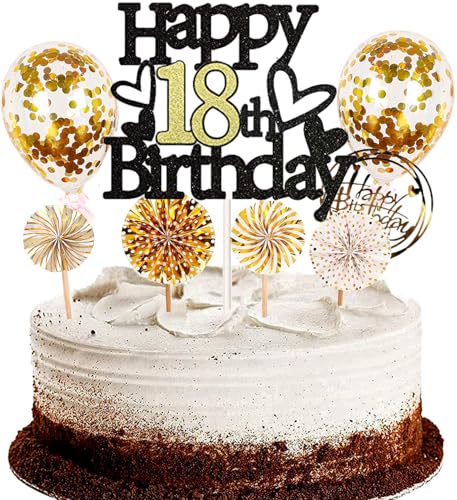 Dalettu Tortendeko 18. Geburtstag Mädchen Junge, Schwarz Cake Topper Deko 18 Geburtstag Mädchen, Kuchen Topper Happy Birthday Ballon Konfetti Papierfächer für Geburtstagstorte Deko 18 Jahre Kinder Dalettu Tortendeko 18. Geburtstag Mädchen Junge, Schwarz Cake Topper Deko 18 Geburtstag Mädchen, Kuchen Topper Happy Birthday Ballon Konfetti Papierfächer für Geburtstagstorte Deko 18 Jahre Kinder von Dalettu