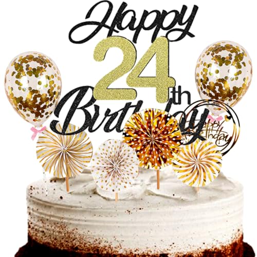 Dalettu Tortendeko 24. Geburtstag Mann Frau, Schwarz Cake Topper Deko 24 Geburtstag Frauen, Cake Topper Happy Birthday Ballon Konfetti und Papierfächer für Geburtstagstorte Deko 24 Jahre Frauen Männer Dalettu Tortendeko 24. Geburtstag Mann Frau, Schwarz Cake Topper Deko 24 Geburtstag Frauen, Cake Topper Happy Birthday Ballon Konfetti und Papierfächer für Geburtstagstorte Deko 24 Jahre Frauen Männer von Dalettu