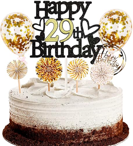 Dalettu Tortendeko 29. Geburtstag Mann Frau, Schwarz Cake Topper Deko 29 Geburtstag Frauen, Kuchen Topper Happy Birthday Ballon Konfetti Papierfächer für Geburtstagstorte Deko 29 Jahre Frauen Männer Dalettu Tortendeko 29. Geburtstag Mann Frau, Schwarz Cake Topper Deko 29 Geburtstag Frauen, Kuchen Topper Happy Birthday Ballon Konfetti Papierfächer für Geburtstagstorte Deko 29 Jahre Frauen Männer von Dalettu