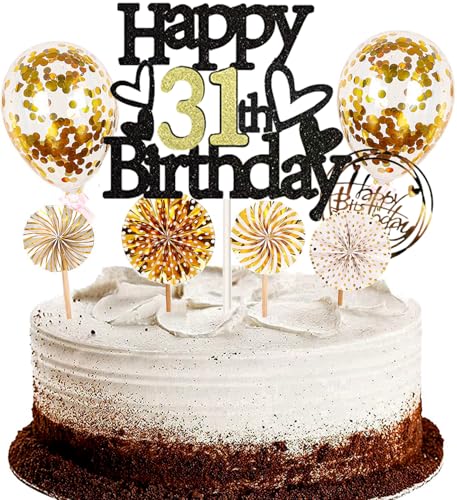 Dalettu Tortendeko 31. Geburtstag Mann Frau, Schwarz Cake Topper Deko 31 Geburtstag Frauen, Kuchen Topper Happy Birthday Ballon Konfetti Papierfächer für Geburtstagstorte Deko 31 Jahre Frauen Männer Dalettu Tortendeko 31. Geburtstag Mann Frau, Schwarz Cake Topper Deko 31 Geburtstag Frauen, Kuchen Topper Happy Birthday Ballon Konfetti Papierfächer für Geburtstagstorte Deko 31 Jahre Frauen Männer von Dalettu