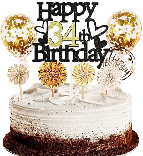 Dalettu Tortendeko 34. Geburtstag Mann Frau, Schwarz Cake Topper Deko 34 Geburtstag Frauen, Kuchen Topper Happy Birthday Ballon Konfetti Papierfächer für Geburtstagstorte Deko 34 Jahre Frauen Männer Dalettu Tortendeko 34. Geburtstag Mann Frau, Schwarz Cake Topper Deko 34 Geburtstag Frauen, Kuchen Topper Happy Birthday Ballon Konfetti Papierfächer für Geburtstagstorte Deko 34 Jahre Frauen Männer von Dalettu