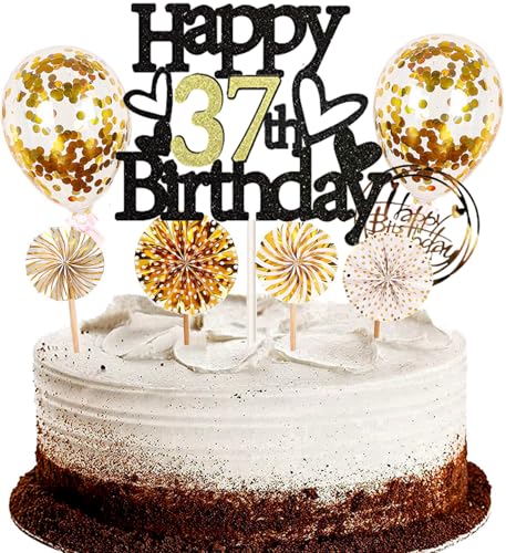 Dalettu Tortendeko 37. Geburtstag Mann Frau, Schwarz Cake Topper Deko 37 Geburtstag Frauen, Kuchen Topper Happy Birthday Ballon Konfetti Papierfächer für Geburtstagstorte Deko 37 Jahre Frauen Männer Dalettu Tortendeko 37. Geburtstag Mann Frau, Schwarz Cake Topper Deko 37 Geburtstag Frauen, Kuchen Topper Happy Birthday Ballon Konfetti Papierfächer für Geburtstagstorte Deko 37 Jahre Frauen Männer von Dalettu