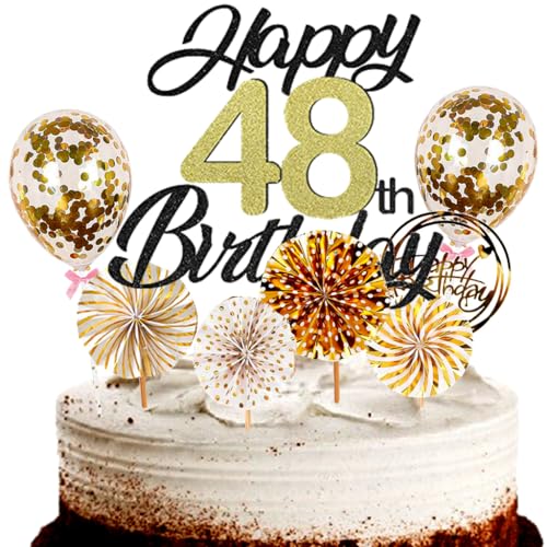Dalettu Tortendeko 48. Geburtstag Mann Frau, Schwarz Cake Topper Deko 48 Geburtstag Frauen, Cake Topper Happy Birthday Ballon Konfetti und Papierfächer für Geburtstagstorte Deko 48 Jahre Frauen Männer Dalettu Tortendeko 48. Geburtstag Mann Frau, Schwarz Cake Topper Deko 48 Geburtstag Frauen, Cake Topper Happy Birthday Ballon Konfetti und Papierfächer für Geburtstagstorte Deko 48 Jahre Frauen Männer von Dalettu