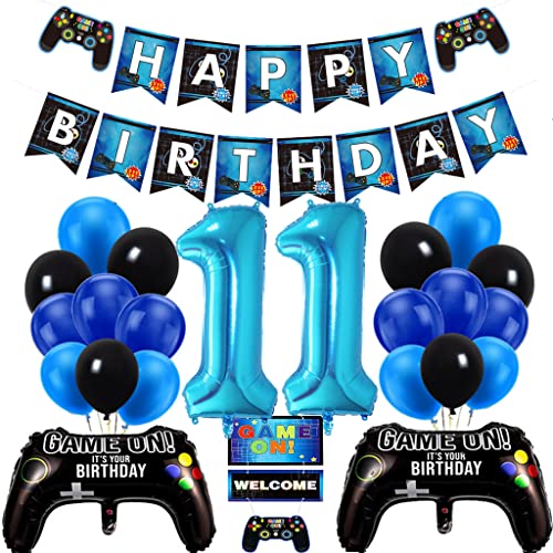 Luftballons Geburtstagsdeko Junge 11 Jahre, Gamer Deko Geburtstag mit Gamecontroller Luftballon und Schwarz Blaue Luftballons, Happy Birthday Girlande Banner für Kinder Videospiel Thema Party Zubehör von Dalettu