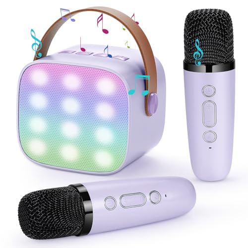 Damcyer Karaoke Maschine mit 2 Drahtlosen Mikrofonen, Tragbares Bluetooth Karaoke Maschine für Kinder Erwachsene, Tragbare Karaoke Maschine für Kinder und Anfänger, Hellviolett von Damcyer