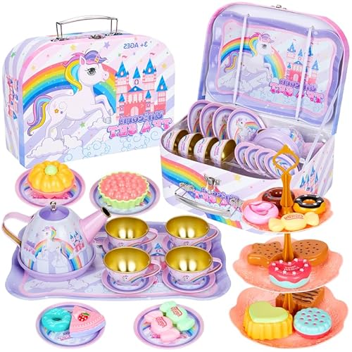 Damcyer Teeservice Kinder, 33 Pcs Tee Service Set Kinder, Teeservice für Kinder, Teeparty-Set für Kinder, Küchenzubehör für Jungen und Mädchen, Teeparty Rollenspiel für kleine Mädchen,Einhorn von Damcyer