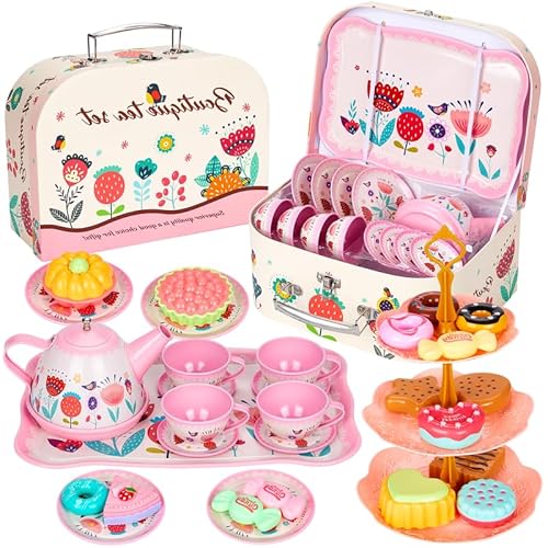 Damcyer Teeservice Kinder, 33 Pcs Tee Service Set Kinder, Teeservice für Kinder, Teeparty-Set für Kinder, Küchenzubehör für Jungen und Mädchen, Teeparty Rollenspiel für kleine Mädchen,Rosa Blume von Damcyer