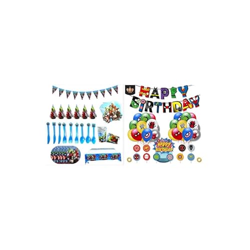 Damoff Geburtstag Party Deko Set: Luftballons, Girlande, Kuchen Topper, Papierschalen, Platten, Servietten, Banner, Tischdecke, Papierkappen - Bunt (mixed colors), Cartoon von Damoff