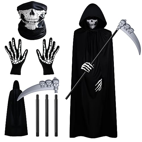 DanDun Grim Reaper Costume, Sensenmann Kostüm, Halloween Costume Set (Grim Reaper Cloak with Skull Mask, Scythe, Hood, Gloves), Halloween Decoration Cosplay Grim Reaper for Masquerade Party von DanDun