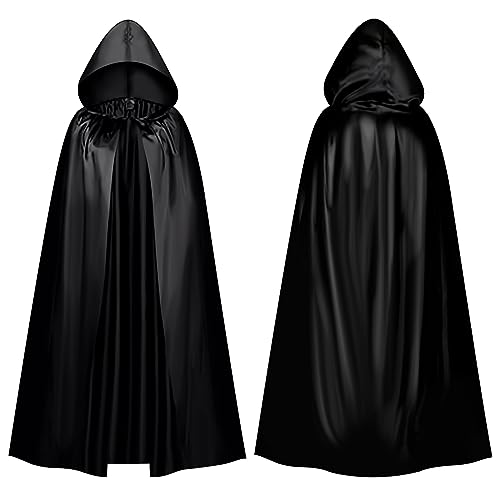 DanDun Halloween Cloak, Black Hooded Cloak, Witch, Grim Reaper Cosplay Accessories, Halloween Costumes - Black Satin, 150cm Black Cloak, Halloween Masquerade House Party Cloak von DanDun