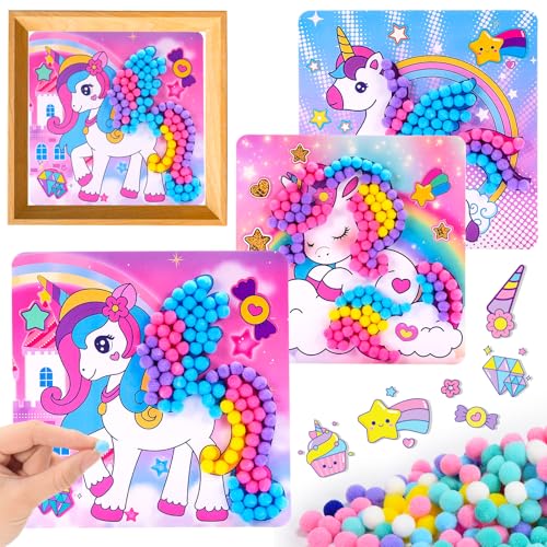 Dancial 3pcs DIY Einhorn Spielzeug Pom Poms Kunst, Kleinkind Kunsthandwerk für Kinder Alter 3-5, Kinder Crafts Spielzeug DIY Aktivität, Geschenke für Mädchen im Alter von 3, 4, 5, Macht 3 Kunstwerke von Dancial