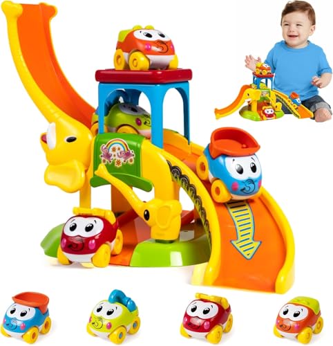 Kleinkindspielzeug für 1 2 3 Jahre alte Jungen und Mädchen Geburtstagsgeschenke, Elefantenrutsche mit 4 Tierautos lernendes Babyspielzeug, Lernspielzeug, Kleinkind-Schiebeauto-Tracks Alter 1-2 von Dancial