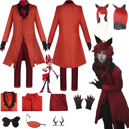 Daotutu Alastor Hazbin Hotel Cosplay Kostüm mit Perücke für Männer Charakter Adam Rot Uniform Erwachsene Glasses Komplettset Jacke Dress Up Anzug Outfits Halloween Karneval Party Geschenke (2XL) von Daotutu