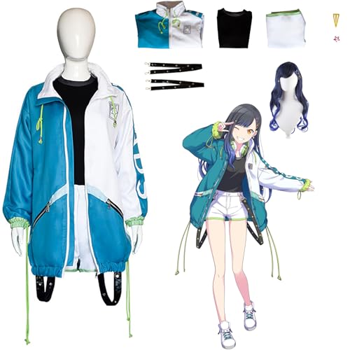 Daotutu An Shiraishi Project Sekai Colourful Stage Cosplay Perücke Kostüm Outfit für Frauen Mädchen Anime Charakter Blau Jacke Uniform Komplettes Set Halloween Karneval Party Dress Up Anzug (XS) von Daotutu