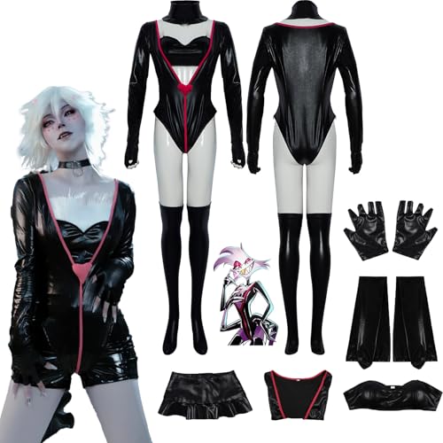 Daotutu Angel Dust Hazbin Hotel Cosplay Kostüm für Frauen Charakter Charlie Morningstar Schwarz Uniform Erwachsene Leder Overall Jacke Dress Up Anzug Outfits Halloween Karneval Party (2XL) von Daotutu