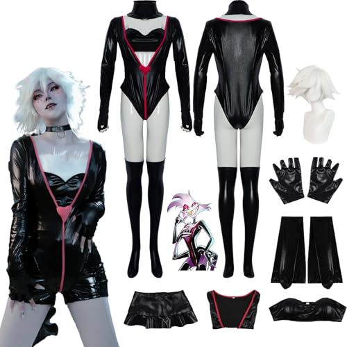 Daotutu Angel Dust Hazbin Hotel Cosplay Kostüm mit Perücke für Frauen Charakter Charlie Morningstar Schwarz Uniform Erwachsene Leder Overall Dress Up Anzug Outfits Halloween Karneval Party (3XL) von Daotutu