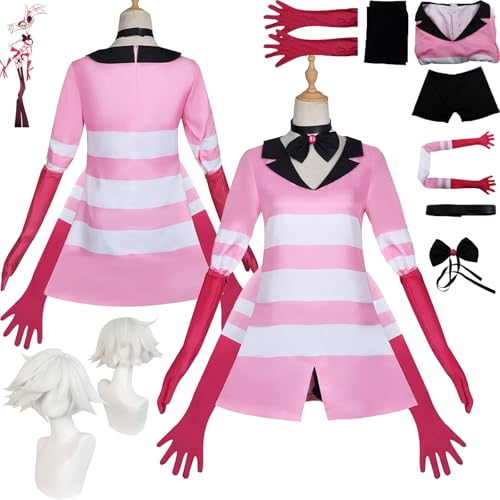 Daotutu Angel Dust Hazbin Hotel Cosplay Kostüm mit Perücke für Frauen Charakter Niffty Rot Uniform Erwachsene Shorts Komplettset Jacke Dress Up Anzug Outfits Halloween Karneval Party Geschenke (M) von Daotutu