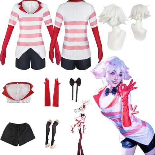 Daotutu Angel Dust Hazbin Hotel Cosplay Kostüm mit Perücke für Frauen Charakter Vaggie Rot Uniform Erwachsene Fliege Komplettset Jacke Dress Up Anzug Outfits Halloween Karneval Party Geschenke (M) von Daotutu