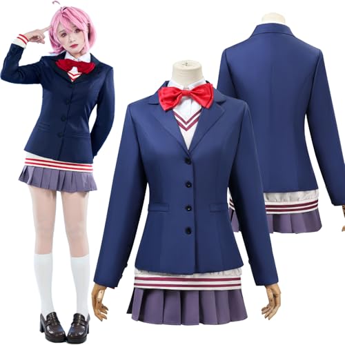 Daotutu Anime Aira Shiratori Cosplay Kostüm für Dandadan Cosplay Outfit Rollenspiel Uniform Rolle Momo Ayase Blau Mantel Rock Fliege Socken Komplettes Set Halloween Dress Up Anzug für Frauen Mädchen von Daotutu