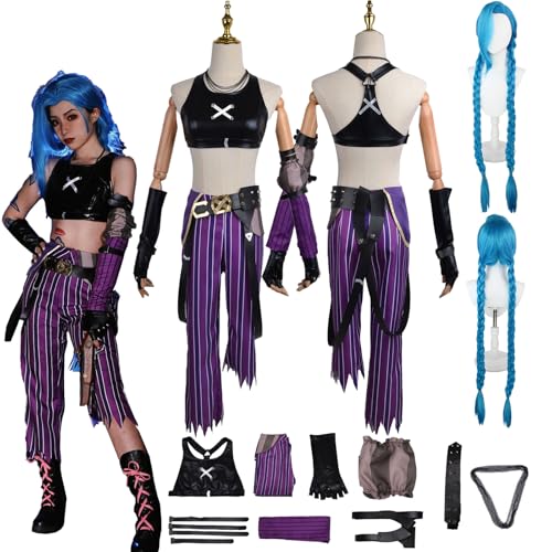 Daotutu Anime Arcane Season 2 Jinx-Cosplay Kostüm mit Perücke für Frauen Uniform Erwachsene Hose Handschuhe Ärmel Taillengürtel Komplettset Dress Up Anzug Outfits Halloween Karneval Party von Daotutu