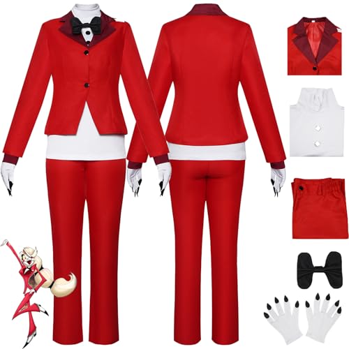 Daotutu Charlie Morningstar Hazbin Hotel Cosplay Kostüm für Frauen Charakter Angel Dust Rot Uniform Erwachsene Hosen Handschuhe Komplettset Jacke Dress Up Anzug Outfits Halloween Karneval Party (L) von Daotutu