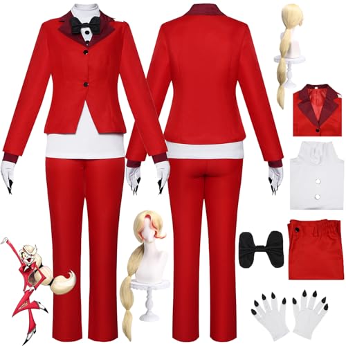 Daotutu Charlie Morningstar Hazbin Hotel Cosplay Kostüm mit Perücke für Frauen Charakter Angel Dust Rot Uniform Erwachsene Hosen Komplettset Jacke Dress Up Anzug Outfits Halloween Karneval Party (L) von Daotutu