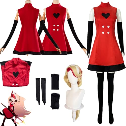 Daotutu Charlie Morningstar Hazbin Hotel Cosplay Kostüm mit Perücke für Frauen Charakter Vaggie Rot Uniform Erwachsene Kleid Ärmel Komplettset Dress Up Anzug Outfits Halloween Karneval Party (L) von Daotutu