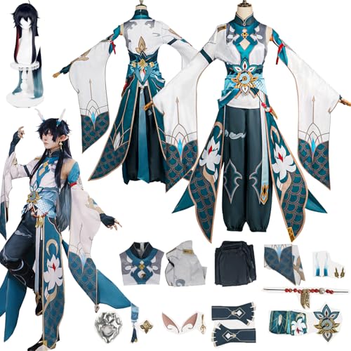 Daotutu Dan Heng Honkai Star Rail Cosplay Kostüm mit Perücke für Männer Charakter Sunday Grün Uniform Erwachsene Komplettset Jacke Dress Up Anzug Outfits Halloween Karneval Party Geschenke (2XL) von Daotutu