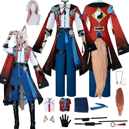 Daotutu Jiao qiu Honkai Star Rail Cosplay Kostüm mit Perücke für Männer Charakter Dan Heng Rot Uniform Erwachsene Komplettset Jacke Dress Up Anzug Outfits Halloween Karneval Party Geschenke (2XL) von Daotutu