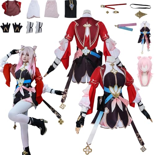 Daotutu March 7th Honkai Star Rail Cosplay Kostüm mit Perücke für Frauen Charakter Robin Rot Uniform Erwachsene Komplettset Jacke Dress Up Anzug Outfits Halloween Karneval Party Geschenke (2XL) von Daotutu