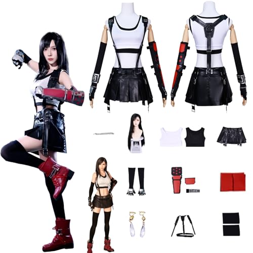 Daotutu Spiel Final Fantasy VII Remake Cosplay Kostüm Outfit Rolle Tifa Lockhart Cosplay Uniform Komplettset Set Halloween Karneval Party Dress Up Anzug mit Perücke (3XL) von Daotutu