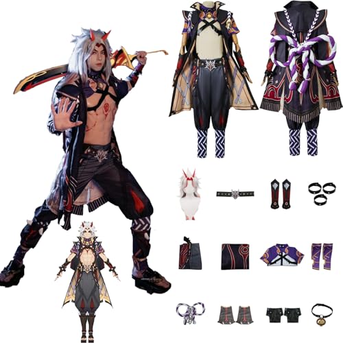 Daotutu Spiel Genshin Impact Cosplay Kostüm Outfit Rolle Arataki Itto Cosplay Uniform Komplettset Set Halloween Karneval Party Dress Up Anzug mit Perücke (L) von Daotutu