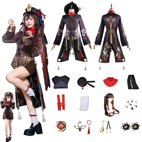 Daotutu Spiel Genshin Impact Cosplay Kostüm Outfit Rolle Hu Tao Cosplay Uniform Komplettset Set Halloween Karneval Party Dress Up Anzug mit Perücke (L) von Daotutu