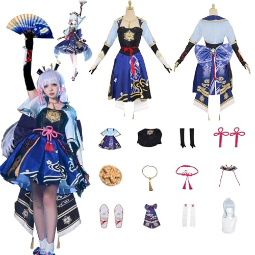 Daotutu Spiel Genshin Impact Cosplay Kostüm Outfit Rolle Kamisato Ayaka Cosplay Uniform Komplettset Set Halloween Karneval Party Dress Up Anzug mit Perücke (XL) von Daotutu