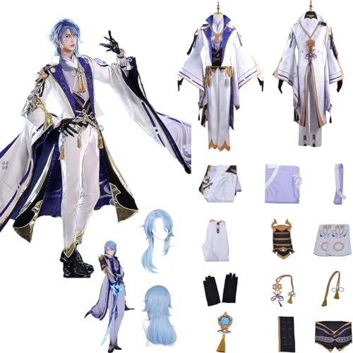 Daotutu Spiel Genshin Impact Cosplay Kostüm Outfit Rolle Kamisato Ayato Cosplay Uniform Komplettset Set Halloween Karneval Party Dress Up Anzug mit Perücke (L) von Daotutu