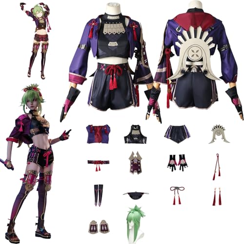 Daotutu Spiel Genshin Impact Cosplay Kostüm Outfit Rolle Kuki Shinobu Cosplay Uniform Komplettset Set Halloween Karneval Party Dress Up Anzug mit Perücke (S) von Daotutu