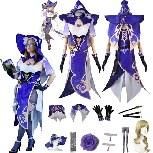 Daotutu Spiel Genshin Impact Cosplay Kostüm Outfit Rolle Lisa Cosplay Uniform Komplettset Set Halloween Karneval Party Dress Up Anzug mit Perücke (3XL) von Daotutu