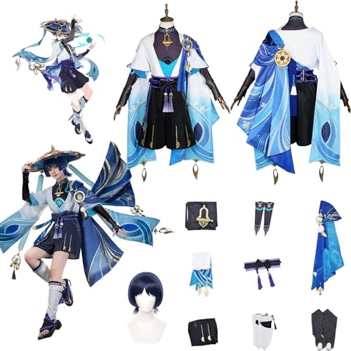 Daotutu Spiel Genshin Impact Cosplay Kostüm Outfit Rolle Scaramouche Wanderer Cosplay Uniform Komplettset Set Halloween Karneval Party Dress Up Anzug mit Perücke (L) von Daotutu