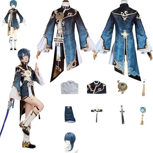 Daotutu Spiel Genshin Impact Cosplay Kostüm Outfit Rolle Xingqiu Cosplay Uniform Komplettset Set Halloween Karneval Party Dress Up Anzug mit Perücke (M) von Daotutu